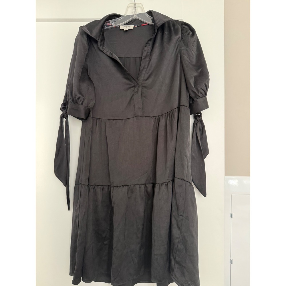 Umgee Black Tiered Babydoll Dress Short Puff Sleeve Tie Cuff Collared Small